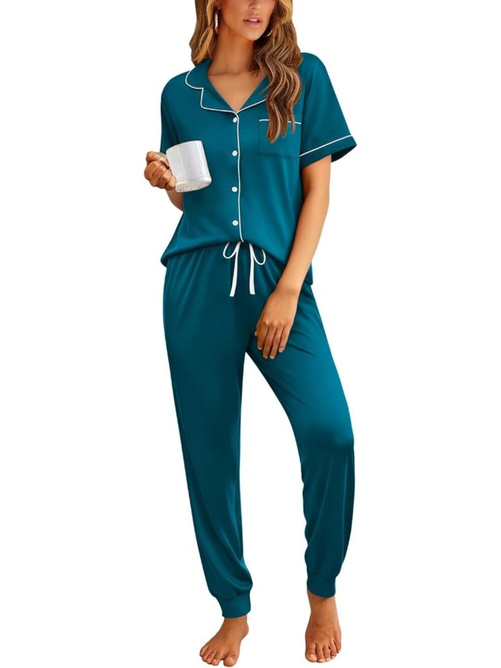 Women's Blue Green Button Down Short Sleeve Shirt Sleepwear Pajama Set